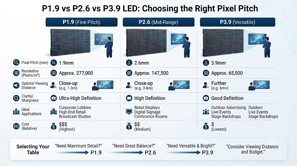 P1.9 vs P2.6 vs P3.9 LED: Choosing the Right Pixel Pitch